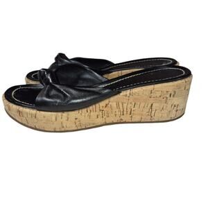 Vintage Cordani Black Italian Leather Chunky Platform Cork Wedge Sandals 7-7.5